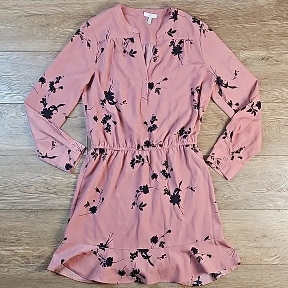 Joie Acey Antique Rose & Black Floral Long Sleeve Flounce Ruffle Hem Dre… - Picture 4 of 16